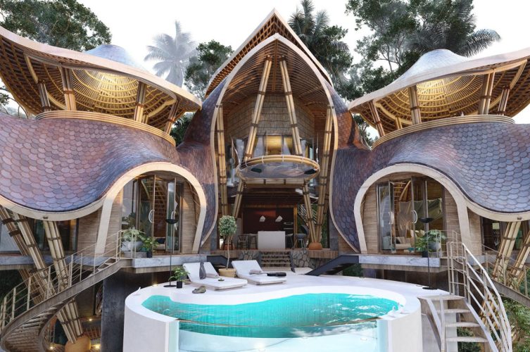 A Encantadora Sobreposição Da Arquitetura Japonesa E Balinesa Em Uma Vila Na Floresta